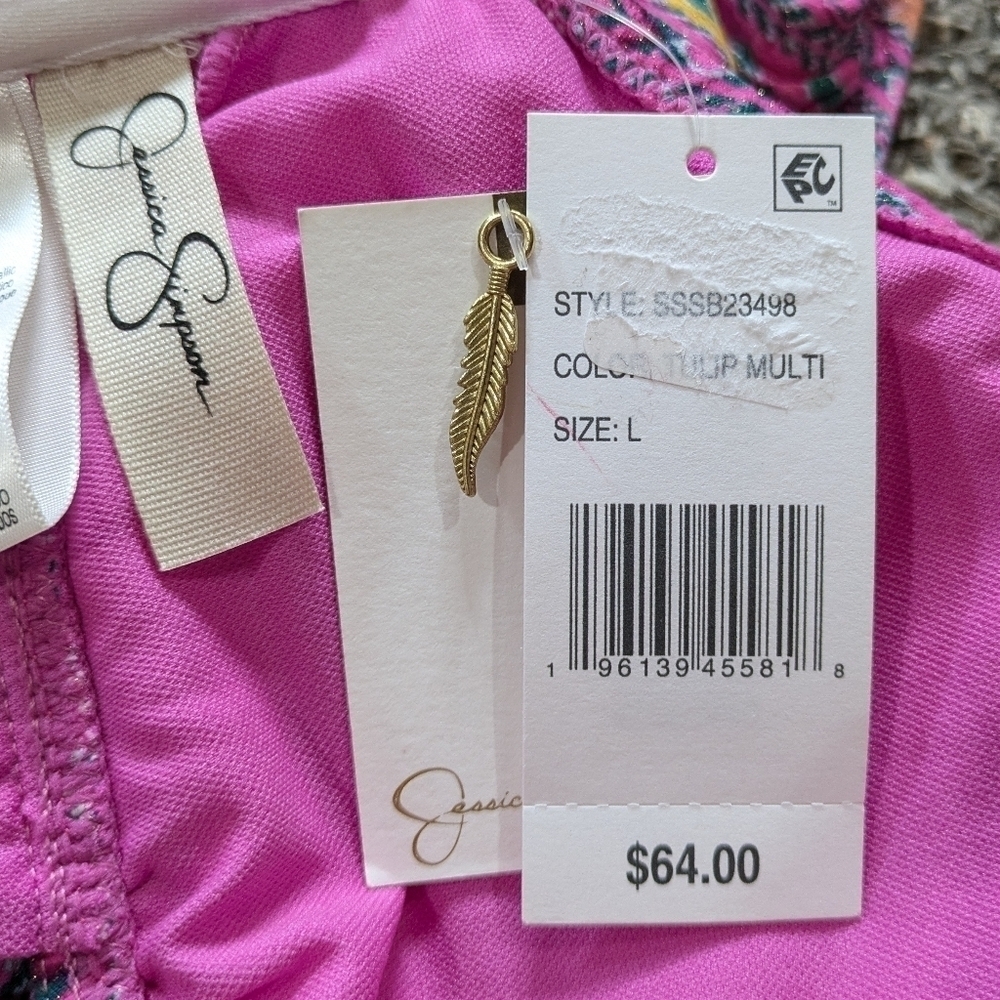 NWT Jessica Simpson pink yellow geometric v neck tie back bikini top L - Picture 7 of 9